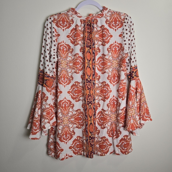 FREE PEOPLE‎ Paisley Boho Chic V neck Bell Sleeve Blouse Tunic Top S - Picture 3 of 12